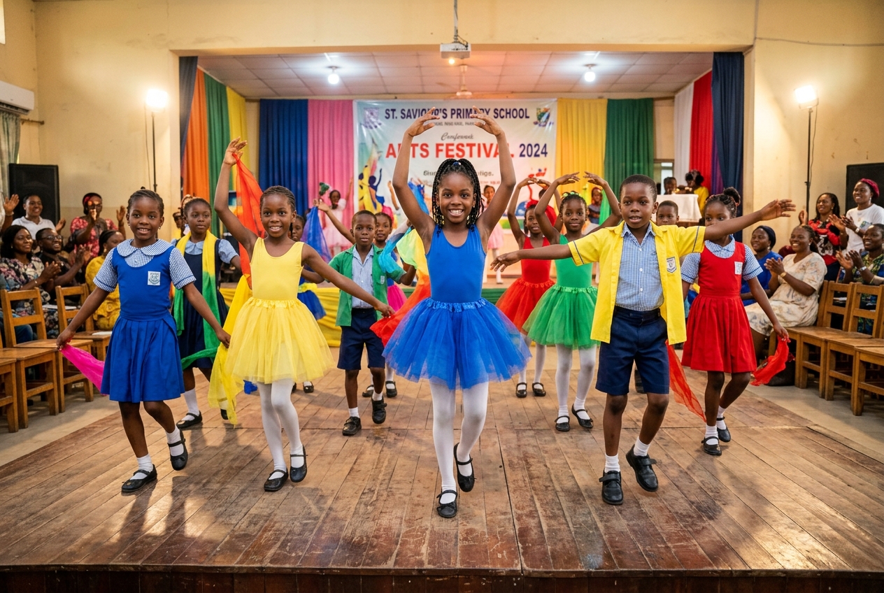 Noble Brains Academy pupils performing a joyful ballet and choreography routine on stage