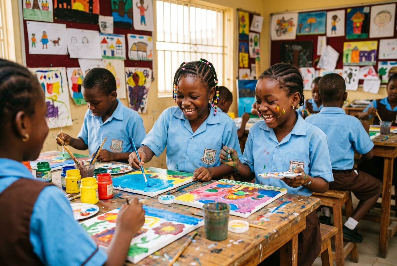 Noble Brains Academy pupils joyfully painting on canvases in the art classroom