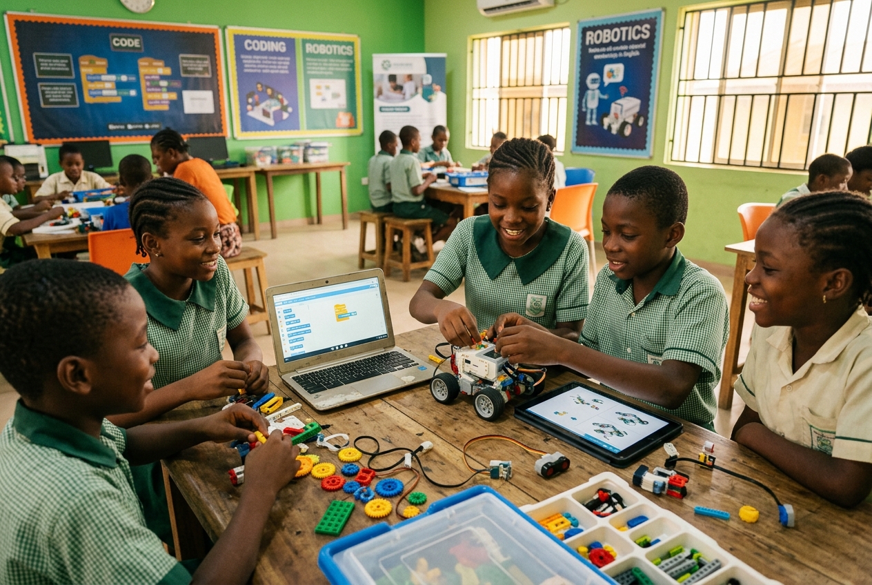 Noble Brains Academy pupils collaborating on a robotics build with laptop and robot kit