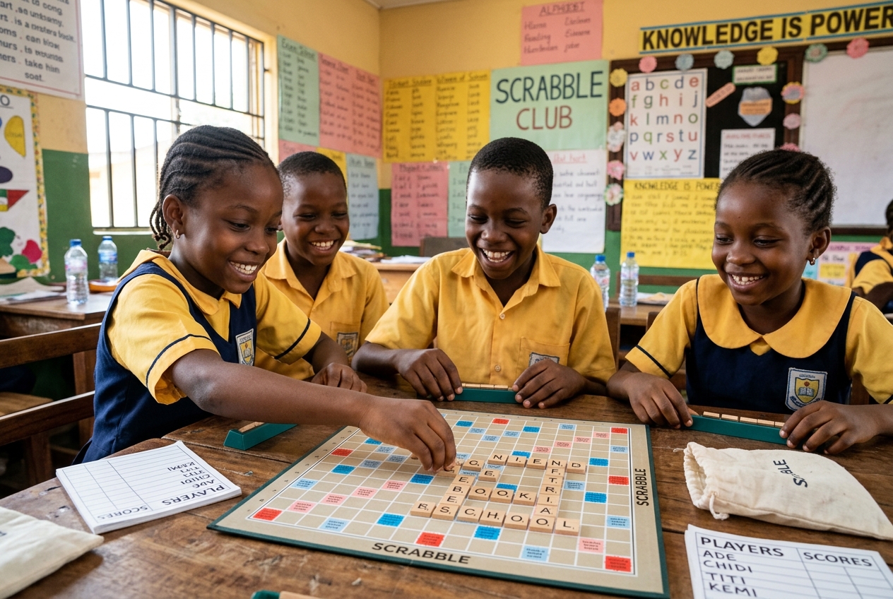 Noble Brains Academy pupils playing Scrabble together and smiling